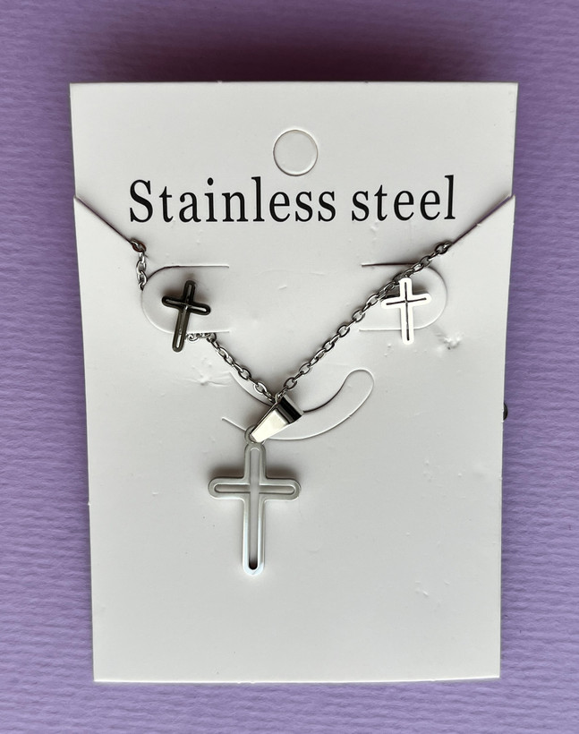 زیورآلات نیم ست استیل زنانه طرح صلیب با گردنبند استیل و رنگ ثابت