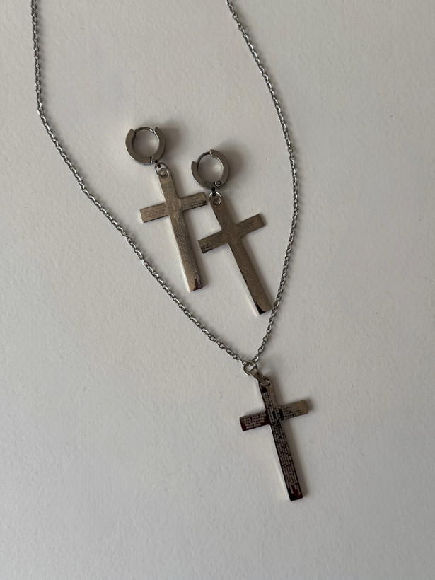 نیم ست گردنبند و گوشواره یونیسکس استیل طرح صلیب بزرگ دستساز
