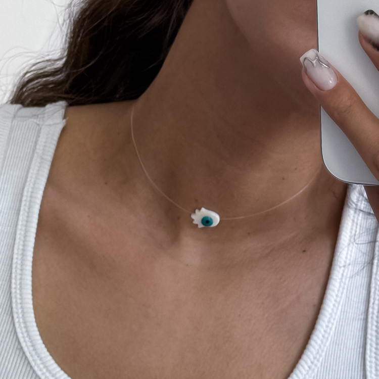 گردنبند زنانه و دخترانه نخ نامرئی چشم نظر و مروارید پرورشی دستساز