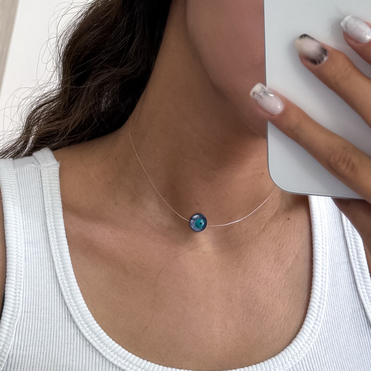 گردنبند زنانه و دخترانه نخ نامرئی چشم نظر و مروارید پرورشی دستساز